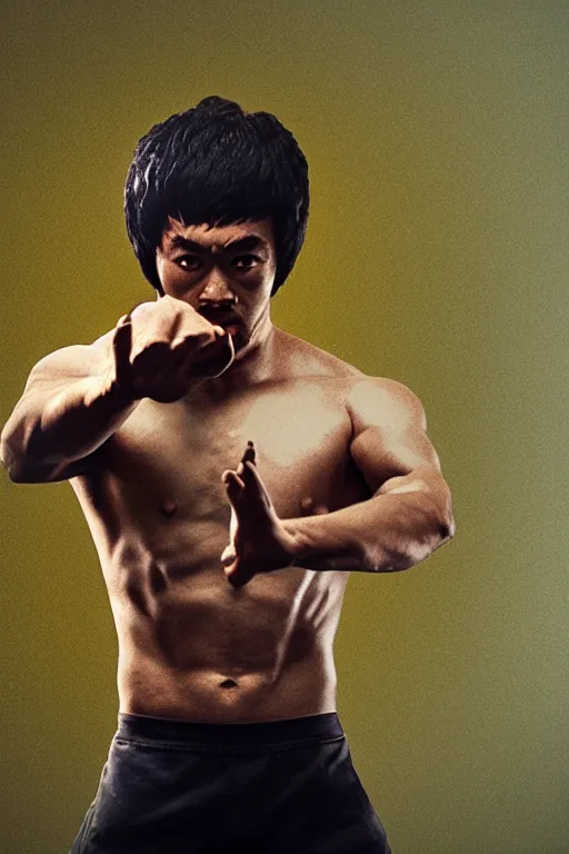 Prompt: A still of Sam Hyde as Bruce Lee, close-up, sigma male, rule of thirds, award winning photo, unreal engine, studio lighting, highly detailed features, raining, ethereal lighting