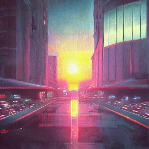 Prompt: “ vapor wave sunset, blade runner film, hyper realistic, master piece, award winning, artist paul bonner ”