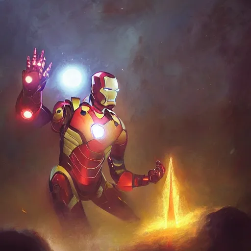 Image similar to dr starange with ironman, magical world, by greg rutkowski, sung choi, photo realistic, 8 k, cinematic lighting, hd, atmospheric, hyperdetailed, trending on artstation, devainart, digital painting, glow effect