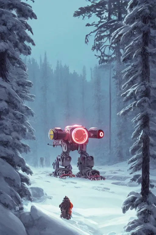 Image similar to mech at snow in finland, highly detailed, scifi, fantasy, highly detailed, digital painting, trending on artstation, concept art, sharp focus, illustration, global illumination, shaded, art by simon stalenhag