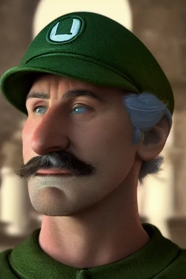 Image similar to very very intricate photorealistic photo of a realistic human version of luigi wearing his hat in an episode of game of thrones, photo is in focus with detailed atmospheric lighting, award - winning details