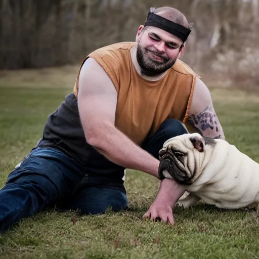 Prompt: a homless man holding an english bulldog wearing a crown