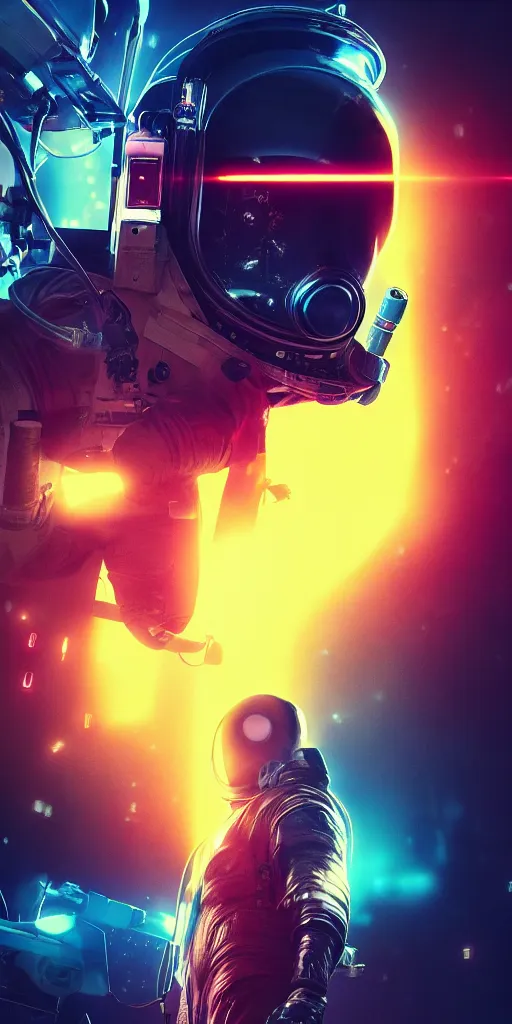 Image similar to professional photo of astronaut from front standing very close to camera from low angle shot, cyberpunk, synthwave, blade runner, hyperrealistic masterpiece, trending on artstation, cgsociety, kodakchrome, golden ratio, cinematic, composition, beautiful lighting, hyper detailed, sharp focus, octane render, 4 k, unreal engine