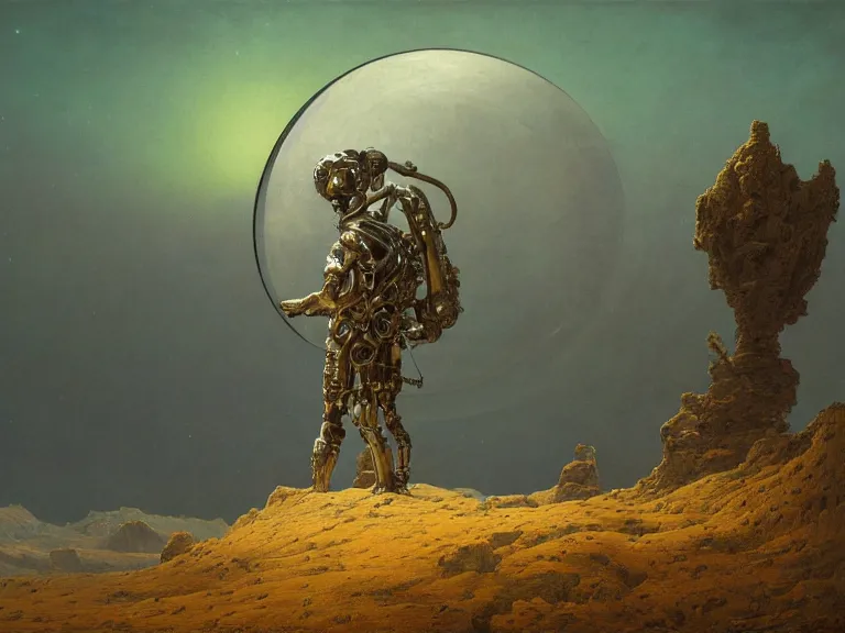 Image similar to a detailed profile oil painting of a humanoid soldier on an alien landscape with reflective visor, flight suit, portrait symmetrical and science fiction theme with aurora lighting by beksinski carl spitzweg and tuomas korpi. baroque elements, full-length view. baroque element. intricate artwork by caravaggio. Trending on artstation. 8k