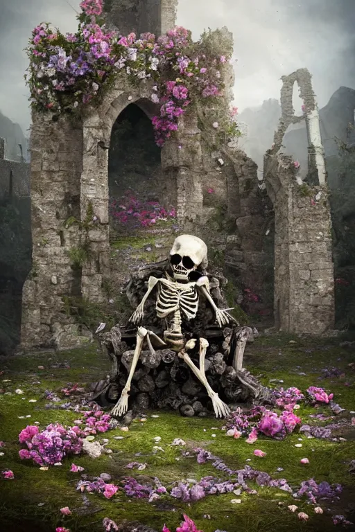 Image similar to a human skeleton full of flowers sitting in a destroyed and ruined throne in a ruined castle at sunrise, concept art, octane render, unreal engine 5, trending on Artstation, high quality, 8K, soft lighting, trending on DeviantArt, highly detailed, digital art, hyperrealistic, path traced, godrays, complementary colors, natural lighting, anatomically correct, five fingers