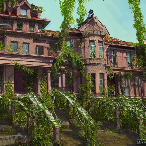 Image similar to ugly gaudy mansion, abandoned, growing vines, very old, professional art, trending on artstation, very detailed, realistic,