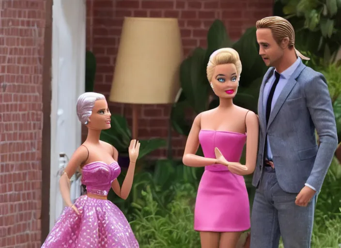 Image similar to a movie still of margot robbie as barbie. ryan gosling as ken doll. on the set of the new barbie movie.