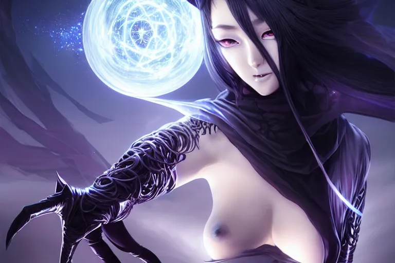 Image similar to veiled black dressed summoner girl and her ego weapons fighting against the outer gods. desert valleys, box office hit, fantasy and cosmic horror movie, unreal engine, intricate, highly detailed 8 k, ambient occlusion, extremely beautiful and aesthetic shape of face and body, art by hiroaki samura and ilya kuvshinov and rossdraws