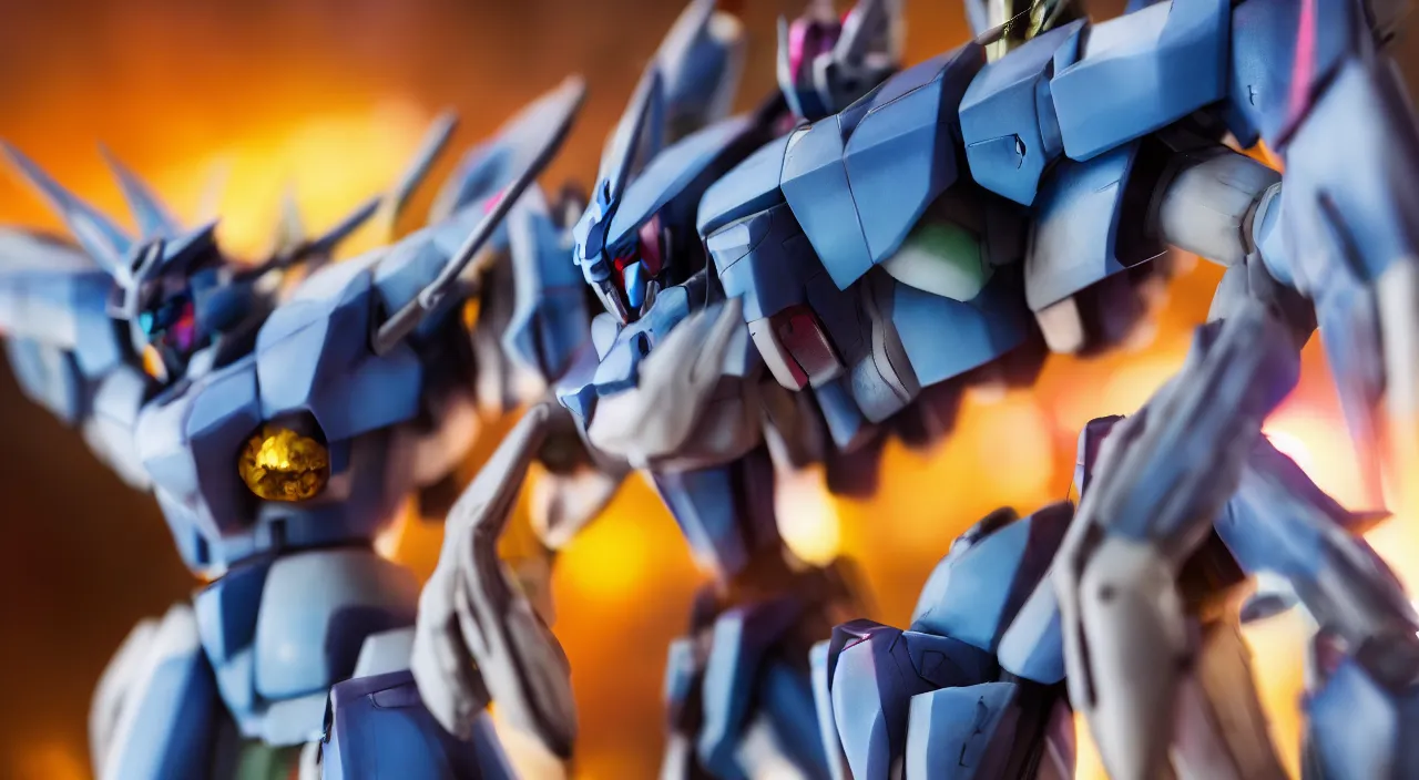 Image similar to medium close up view, Gundam,Guyver,colourful,bokeh,blur,cinematic lighting