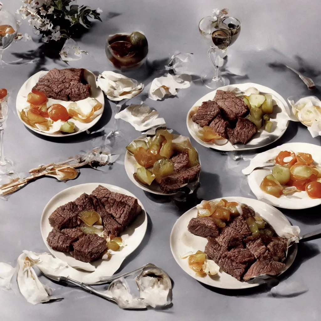 Prompt: a dreamy photo of a beef and pickle dessert, 1976