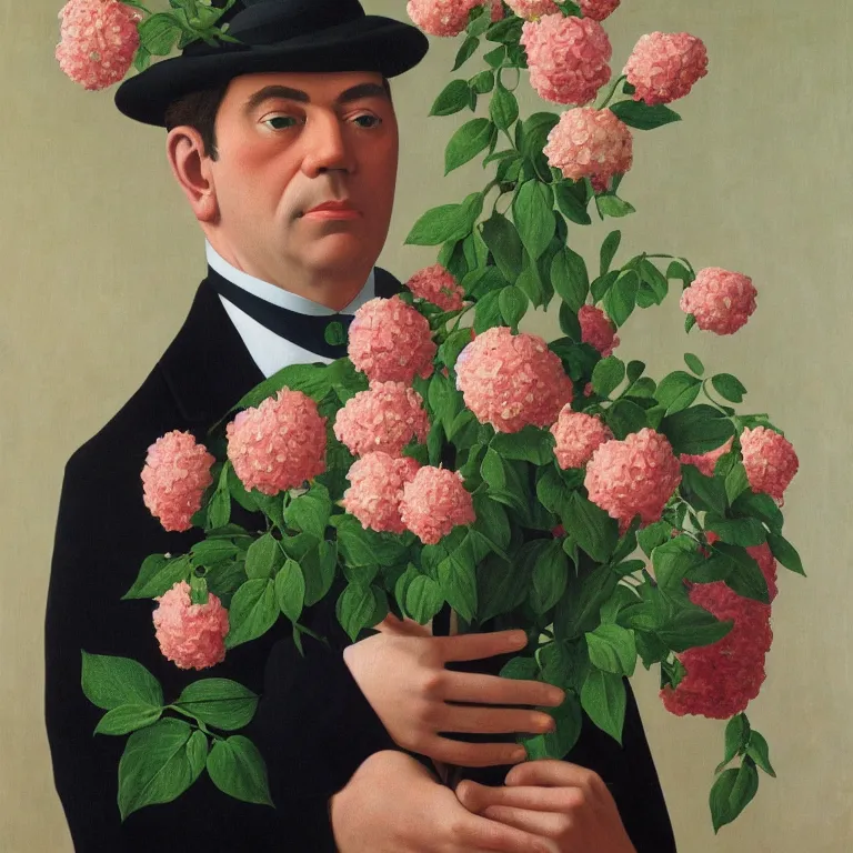 Image similar to portrait of a man, face hidden by beautiful flower bouquet, by rene magritte, detailed painting, hd, hq, high resolution, high detail, 4 k, 8 k