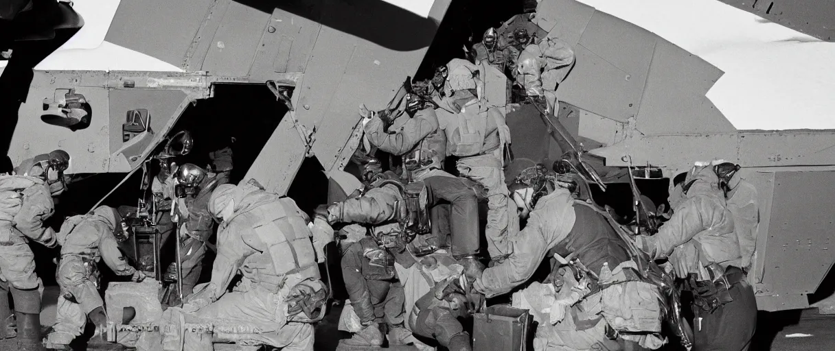 Image similar to extreme closeup color movie like 3 5 mm photograph of a middle aged caucasian us soldiers unloading dark grey metal rectangular crate from a black military 1 9 8 2 helicopter at a top secret military base in antarctica