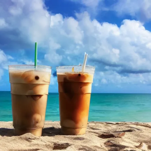 Prompt: 2 monkeys having iced coffee at a beach in the puerto rico