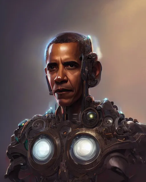 Image similar to portrait of holy cyborg barack obama savior, god, fantasy, intricate, elegant, highly detailed, digital painting, artstation, concept art, smooth, sharp focus, illustration, by artgerm and greg rutkowski