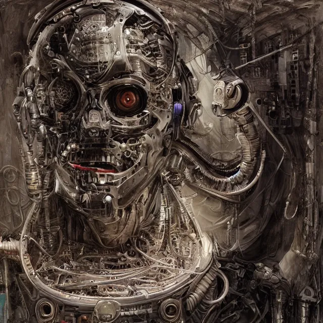 Prompt: robot artist painting a self - portrait on a canvas. intricate, highly detailed, digital matte painting in the style of h. r. giger. irony, recursion, inspiration.