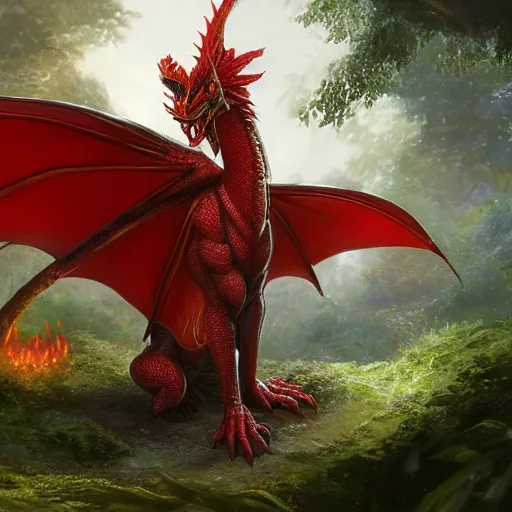 Image similar to red fire dragon in verdant forest, dnd character, background focus, high fantasy, magic, regal, realistic textured skin, gemstone textured scales, wings extended, spitting fire, huge eyes, clear clean, by lya kushinov, Avetetsuya Studios, Alexandra Fomina artstation, by Makoto Shinkai, Shinerai, matte painting