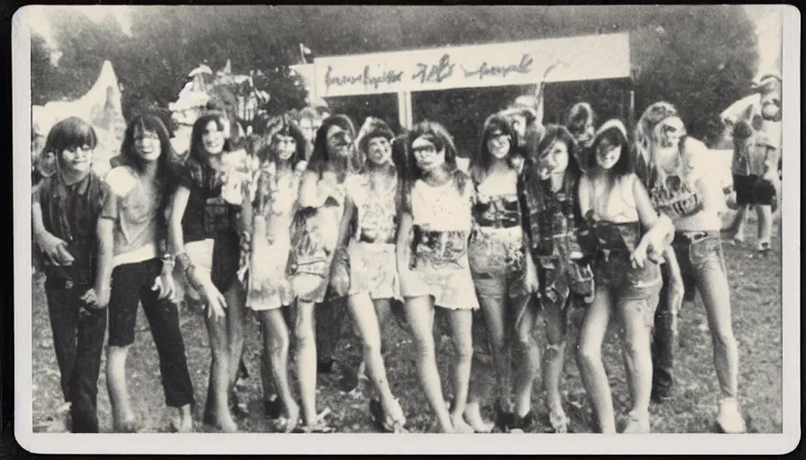 Prompt: fire damaged polaroid photograph of 70s teenagers at a carnival.