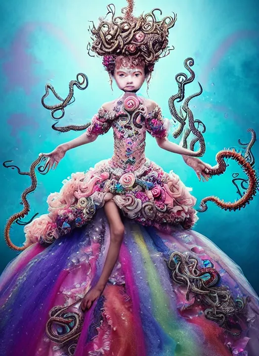 Image similar to A full body shot of a cute and mischievous young monster princess wearing an ornate gown. Covered in barnacles and tentacles. Dynamic Pose. Quinceanera dress. Rainbow palette. rainbowcore. Eldritch Beauty. defined facial features, symmetrical facial features. Opalescent surface. beautiful lighting. By Ruan Jia and Artgerm and Range Murata and WLOP and Ross Tran and William-Adolphe Bouguereau. Key Art. realistic, Hyperdetailed. Fantasy Illustration. Masterpiece. artstation, award winning, sharp, details, HD, HDR, 4K, 8K.