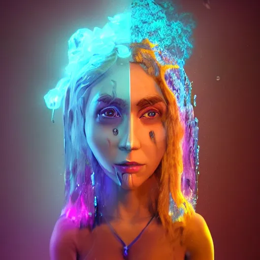 Prompt: spirit guide, cartoon portrait made out of rain, realistic, highly detailed, neon, rendered in octane, unreal engine, beautiful, trending on artstation, emotional