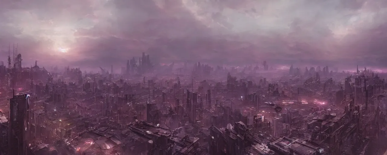 Image similar to Giant megacity looming across the landscape, dystopian, post apocalyptic, the sky is purple, very detailed concept art, matte painting, digital art, concept art, realistic beautiful, trending on Artstation, Greg Rutkowski