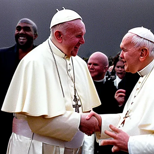 Image similar to photgraph of the pope john paul ii shaking hands with kanye west