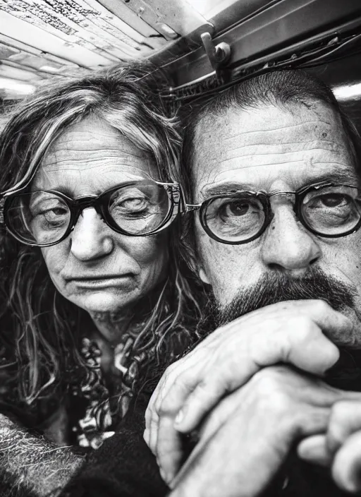 Image similar to detailed colourful masterpiece of photography by anne leibovitz couple portrait sat down extreme closeup, love, inside an underwater train, detailed realistic expressions, wearing unusual clothes, by mcbess, ultra wide angle