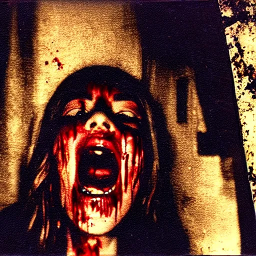 Image similar to a dark film still of demonic activity, big budget horror, a polaroid photo, bleeding decaying colors!