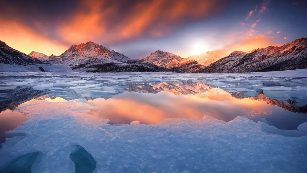 Image similar to amazing landscape photo of a snowy mountains with an ice lake in sunset by marc adamus, beautiful dramatic lighting