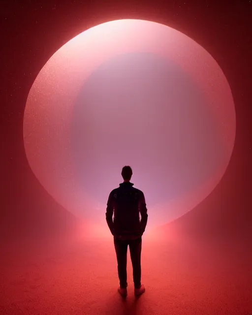 Image similar to a person standing in front of a glowy open door that's on a barren moon, poster art by mike winkelmann, trending on cg society, space art, sci - fi, ue 5, futuristic, volumetric lighting, light casting onto the ground, neat composition and camera angle