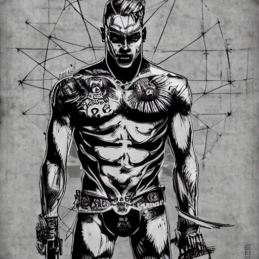 Image similar to Russian prisoner with russian criminal tattoos, highly detailed, symmetrical, detailed ink illustration, raiden metal gear, cinematic smooth, deep aesthetic, concept art, post process, 4k, , evil, moody lighting