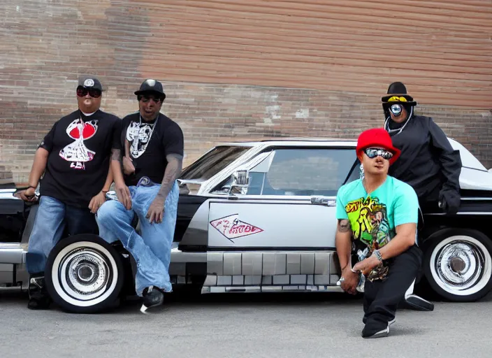 Image similar to nwa in front of a lowrider made by lego