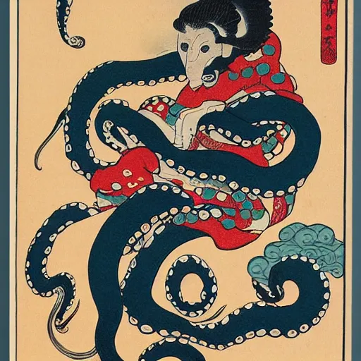 Prompt: octopus woman ukiyo - e style,