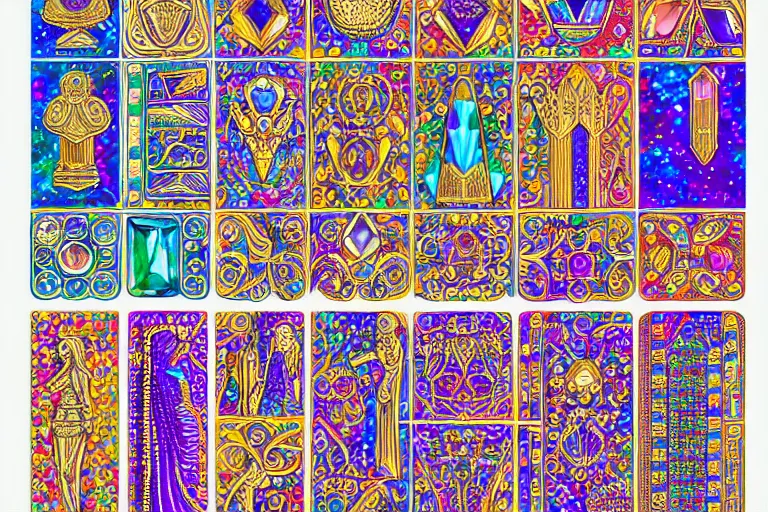 Image similar to illustration of design sheet of sets of various figures carved out of gemstones, prismatic colors, magic trinkets, ornate patterns