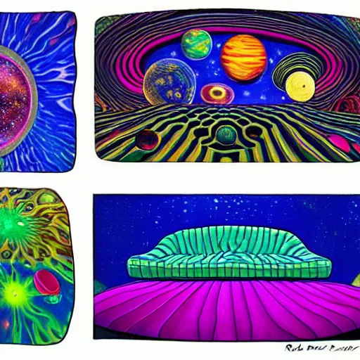 Prompt: psychedelic trippy couch in space with vegetable planets, milky way, sofa, cartoon by rob gonsalves and dale chihuly