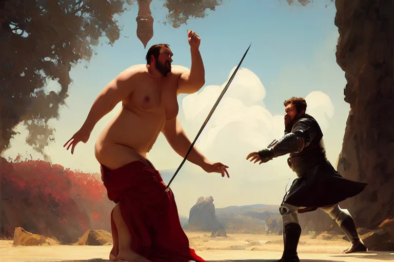 Image similar to a dynamic painting of a medieval sorcerer fighting a gigantic white fat monster, obese monstrosity fight by ilya kuvshinov and jeremy lipking and quentin mabille, realism, ultra detailed, 8 k resolution