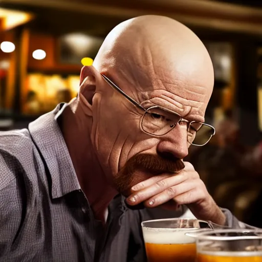 Prompt: Walter white in a crowded bar, he is drinking, closeup, dimly lit, 8k, realistic