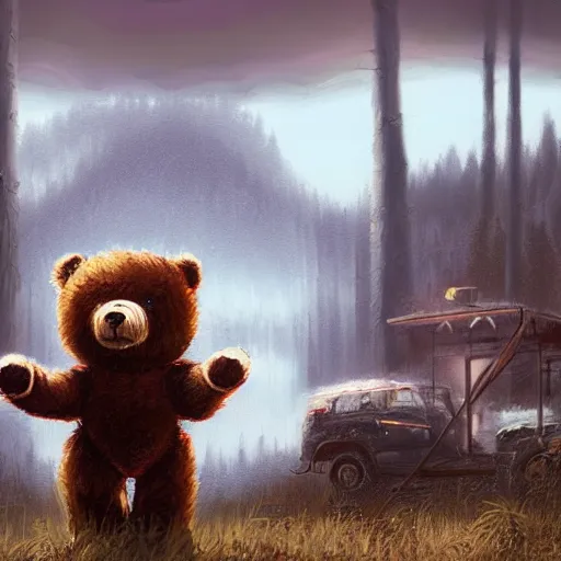 Image similar to a paint of dan mumford, of a robotic teddy bear painting a picture of a cute bear, in the background an apocalyptic panorama, octane render, unreal engine 5, greg rutkowski