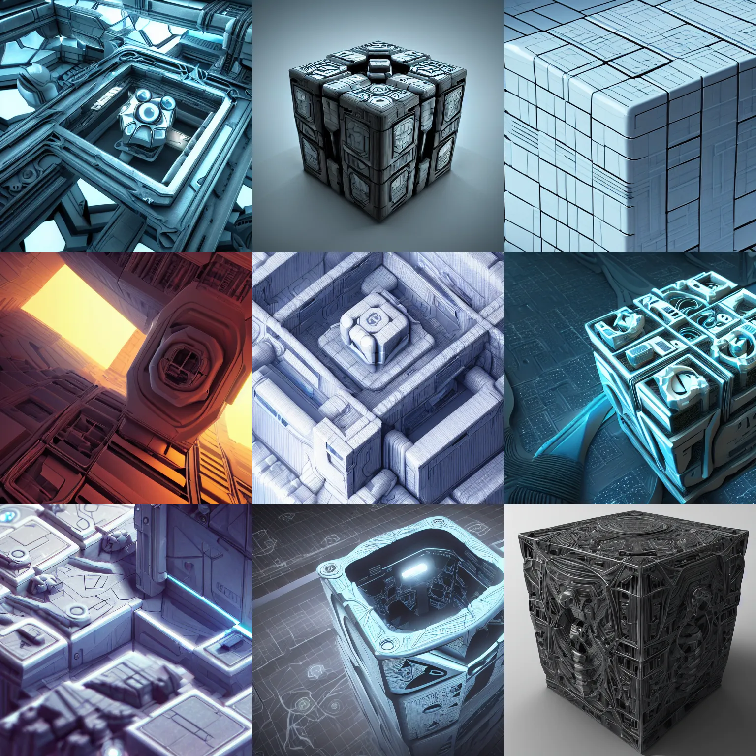 Image similar to Intricate and detailed cube, futuristic sci-fi, 4K 3D render, desktopography, HD Wallpaper, digital art