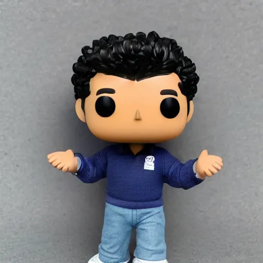 Prompt: a 30 year old skinny brown skinned programmer guy with no beard and thick black hair on top, short on sides, in a dark green polo shirt, blue jeans and grey sneakers funko pop close up highly detailed photo