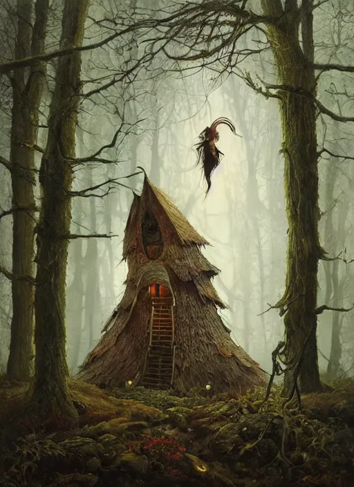 Image similar to highly detailed oil painting | very intricate | cinematic lighting | award - winning | the lonely witch hut in the forest fashion by alexander mcqueen | by roberto ferri, by tom bagshaw, by j. c. leyendecker and klimt, american romanticism, by austin osman spare, artstation, cgsociety, official art, octane