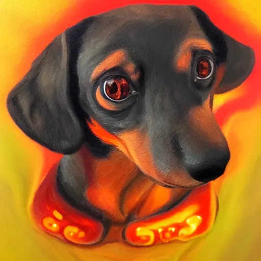 Image similar to fire elemental dachshund, oil painting