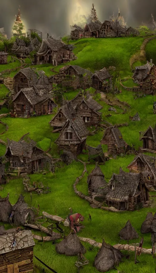 Prompt: a goblin village near a river, photorealistic, 8k, high detail, high quality, dramatic lighting, HDR