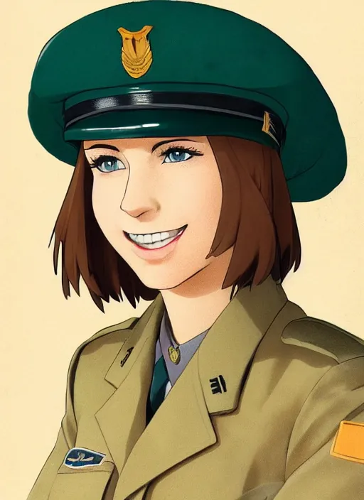 Image similar to portrait of young woman with light brown hair and hazel eyes dressed in a sharp dark teal military uniform with beret, saluting, smiling at camera, ilya kuvshinov, anime, cheerful