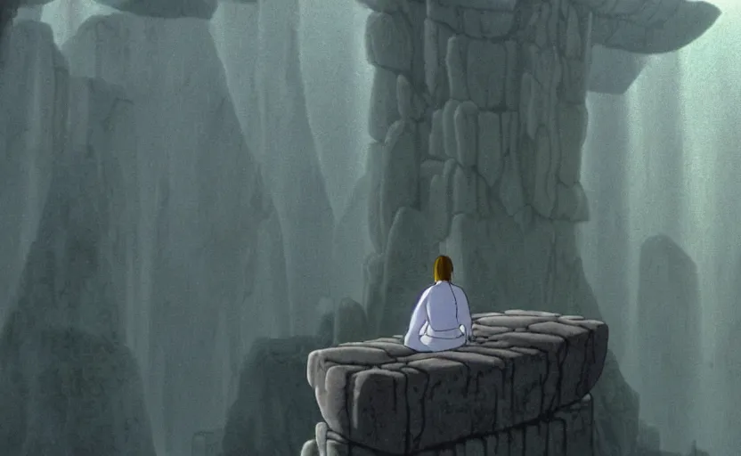 Image similar to a cell - shaded cartoon movie still from princess mononoke ( 1 9 9 7 ) of a giant monk in a grey robe meditating in lotus position in a flooded stonehenge with shafts of sunlight from above. very dull muted colors, hd, 4 k, hq