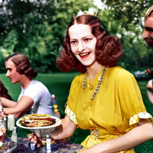 Prompt: an image of a queen with tan skin long rippling cinnamon hair and emerald colored eyes attending a barbecue for youth volunteers in a medium full shot, vintage historical fantasy 1 9 3 0 s kodachrome slide german and eastern european mix. the queen is pictured appearing happy and proud to be there. she is dressed in a yellow midi shirt dress paired with a floral classic pump.