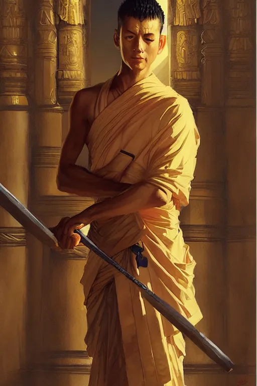 Image similar to buddhism, guard, male, painting by greg rutkowski, j. c. leyendecker, artgerm