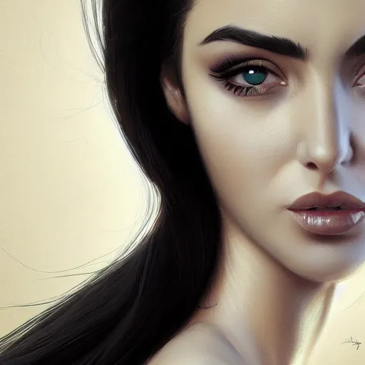 Image similar to greek ameera al taweel , blue eyes, black hair, beautiful face, white viel, Hyper-realistic, Highly Detailed, HD, by Brom, by beeple, studio ghibli, wallpaper, highly detailed, trending on artstation