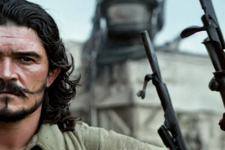 Image similar to Orlando Bloom as Che Guevara in 'Guevara' (2008), movie still frame, promotional image, imax 70 mm footage, oscar nominated cinematography, volumetric lighting, 8k resolution