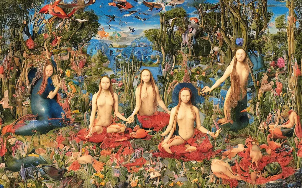 Image similar to a portrait photograph of a meditating mermaid shaman and a flayed centaur monk feeding parrots at a wide river delta. surrounded by bulbous flowers, animals and trees. mountain range under a vast blue sky of burning stars. painted by jan van eyck, max ernst, ernst haeckel, ernst fuchs and artgerm, trending on cgsociety