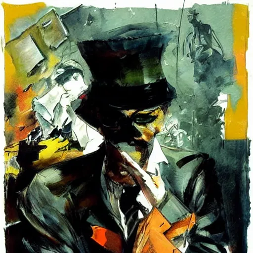 Image similar to the unforgivable sailor named ( corto maltese ) dreaming about the forbidden streets of valparaiso and its tango feelings, oil on canvas by dave mckean and yoji shinkawa